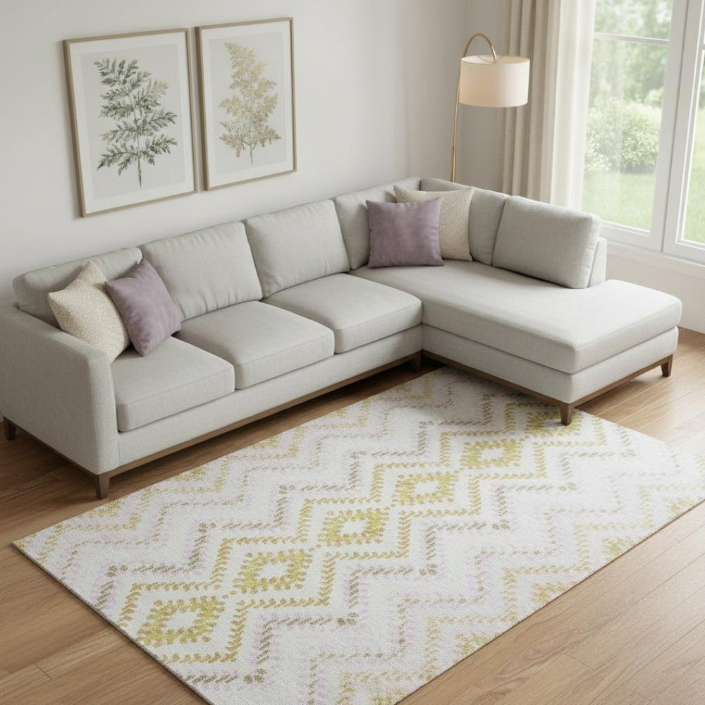HomeRoots 9' X 12' Pearl Gold Geometric Washable Area Rug - Durable, UV-Protected Design for Modern Homes 656093