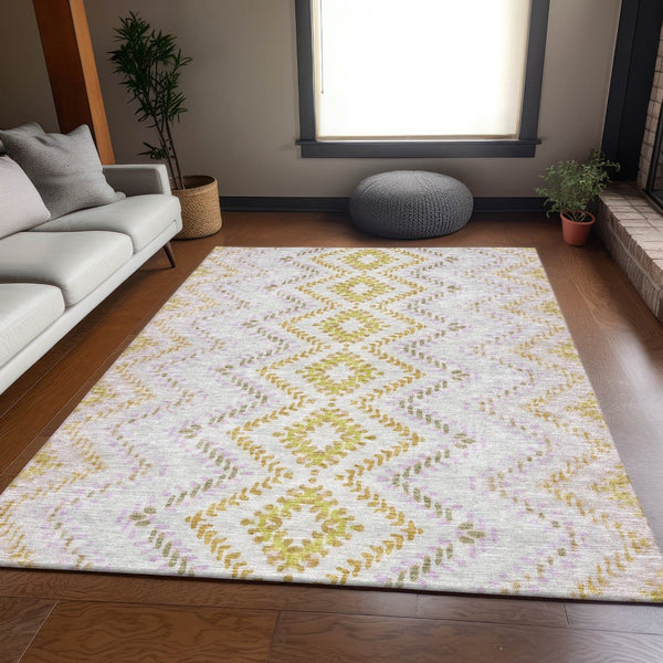 HomeRoots 9' X 12' Pearl Gold Geometric Washable Area Rug - Durable, UV-Protected Design for Modern Homes 656093