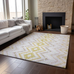 HomeRoots 9' X 12' Pearl Gold Geometric Washable Area Rug - Durable, UV-Protected Design for Modern Homes 656093