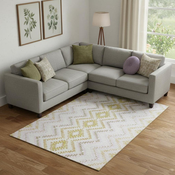 HomeRoots 10' Pearl Gold & Ivory Geometric Area Rug – Washable, UV Protected, Stain Resistant for Modern Living Spaces 656094