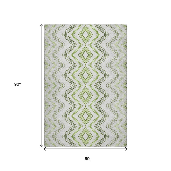 HomeRoots 5' X 8' Artichoke Green Ivory Gray Geometric Washable Area Rug - Durable, Stain Resistant & UV Safe 656096