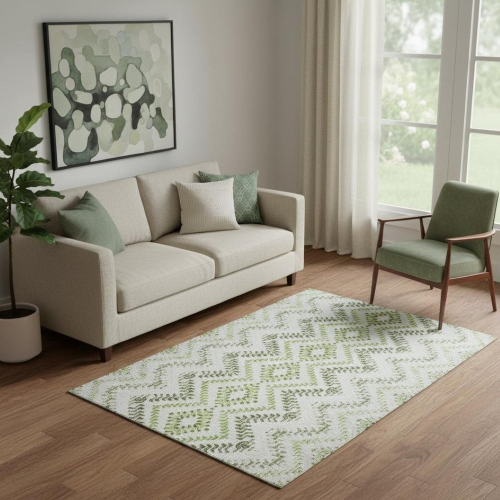HomeRoots 5' X 8' Artichoke Green Ivory Gray Geometric Washable Area Rug - Durable, Stain Resistant & UV Safe 656096