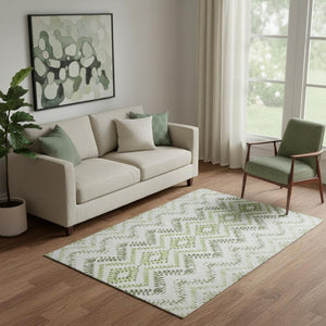 HomeRoots 5' X 8' Artichoke Green Ivory Gray Geometric Washable Area Rug - Durable, Stain Resistant & UV Safe 656096