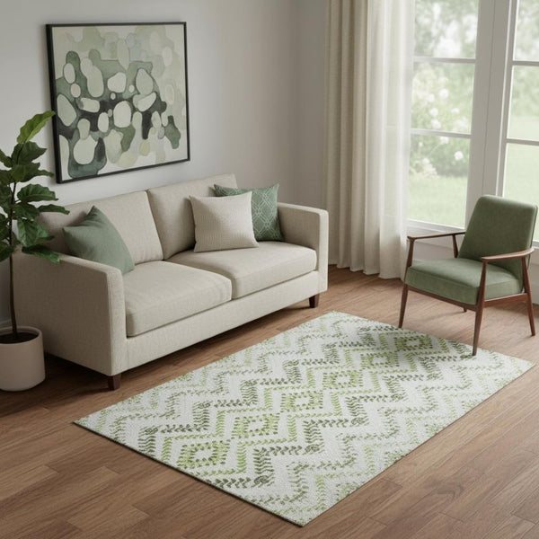 HomeRoots 5' X 8' Artichoke Green Ivory Gray Geometric Washable Area Rug - Durable, Stain Resistant & UV Safe 656096