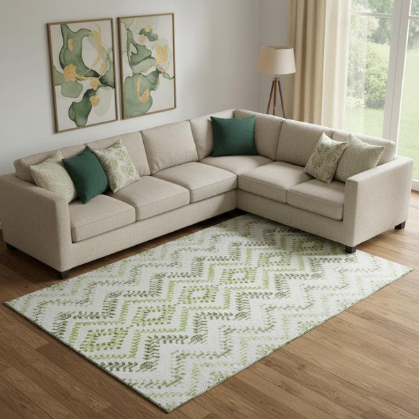 HomeRoots 9' Geometric Artichoke Green, Ivory & Gray Washable Area Rug - UV Protected, Stylish & Durable! 656099