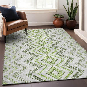 HomeRoots 9' Geometric Artichoke Green, Ivory & Gray Washable Area Rug - UV Protected, Stylish & Durable! 656099
