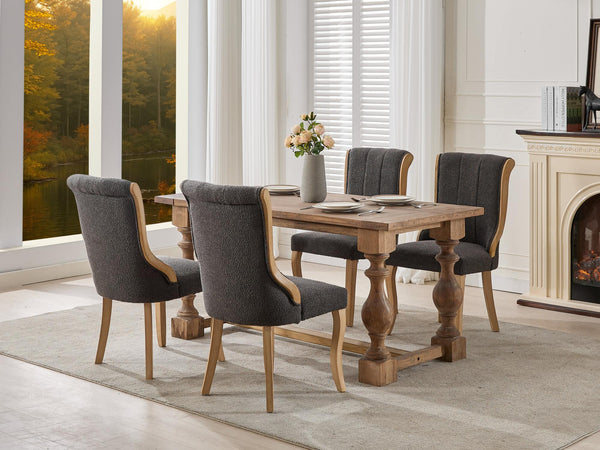 English Elm Snow Velvet dining chair with mid-century curved wood trim, plush foam support, sturdy solid wood craftsmanship and sculpted legs for elegant dining and lounge seating Gray W1143P332692