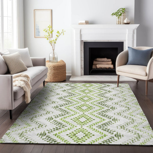 HomeRoots 10' Stylish Artichoke Green Geo Area Rug - Washable, UV Protected, Durable & Perfect for Families! 656100