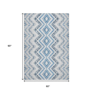 HomeRoots 5' X 8' Blue and Ivory Geometric Area Rug – Washable, Stain Resistant, UV Protection for Modern Spaces 656102