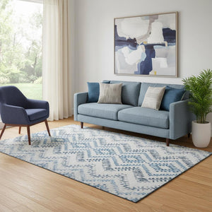 HomeRoots 5' X 8' Blue and Ivory Geometric Area Rug – Washable, Stain Resistant, UV Protection for Modern Spaces 656102