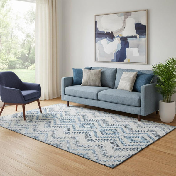 HomeRoots 5' X 8' Blue and Ivory Geometric Area Rug – Washable, Stain Resistant, UV Protection for Modern Spaces 656102