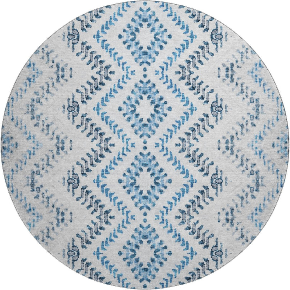 HomeRoots 8' Blue And Ivory Geometric Round Rug - Washable, UV Protected, Stain Resistant for High-Traffic Areas 656103
