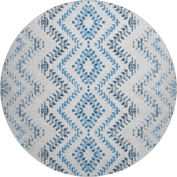 HomeRoots 8' Blue And Ivory Geometric Round Rug - Washable, UV Protected, Stain Resistant for High-Traffic Areas 656103