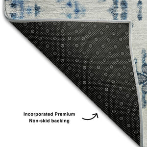 HomeRoots 8' Blue And Ivory Geometric Round Rug - Washable, UV Protected, Stain Resistant for High-Traffic Areas 656103