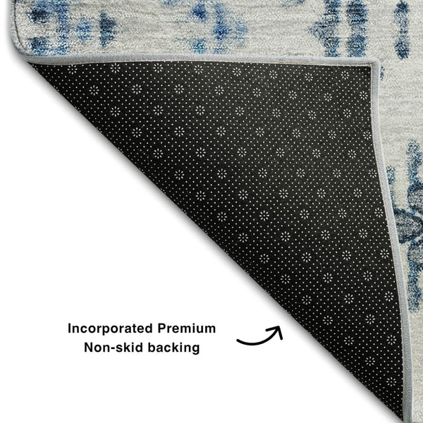 HomeRoots 8' Blue And Ivory Geometric Round Rug - Washable, UV Protected, Stain Resistant for High-Traffic Areas 656103