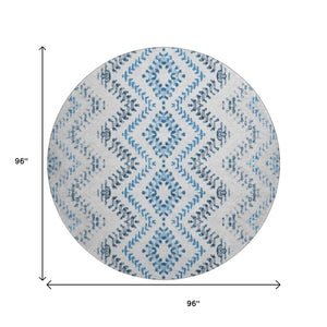 HomeRoots 8' Blue And Ivory Geometric Round Rug - Washable, UV Protected, Stain Resistant for High-Traffic Areas 656103
