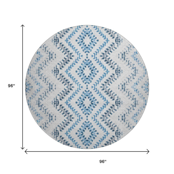 HomeRoots 8' Blue And Ivory Geometric Round Rug - Washable, UV Protected, Stain Resistant for High-Traffic Areas 656103