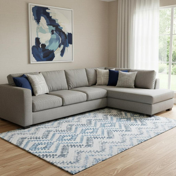 HomeRoots 8' X 10' Blue and Ivory Geometric Area Rug – Stylish, Washable, UV-Protected for Busy Homes & Patios 656104