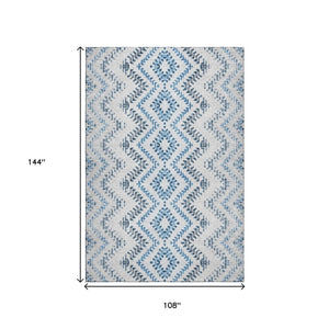 HomeRoots 9' X 12' Blue and Ivory Geometric Washable Area Rug - Durable, Stain-Resistant, UV Protected Design 656105