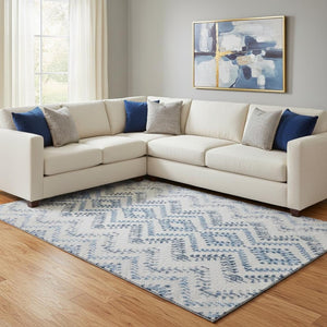 HomeRoots 9' X 12' Blue and Ivory Geometric Washable Area Rug - Durable, Stain-Resistant, UV Protected Design 656105