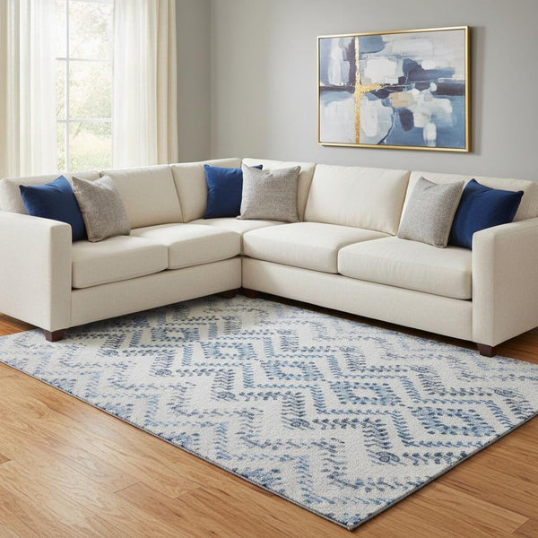 HomeRoots 9' X 12' Blue and Ivory Geometric Washable Area Rug - Durable, Stain-Resistant, UV Protected Design 656105