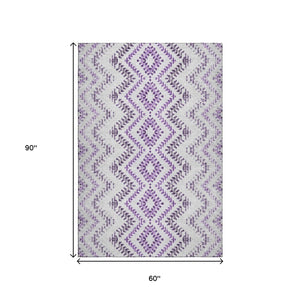 HomeRoots 5' Purple and Ivory Geometric Area Rug - Washable, UV-Protected, Durable for Family Spaces & More! 656108