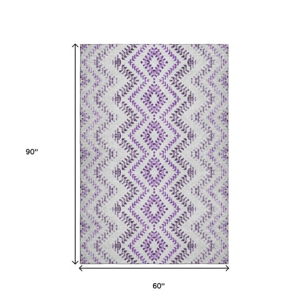 HomeRoots 5' Purple and Ivory Geometric Area Rug - Washable, UV-Protected, Durable for Family Spaces & More! 656108