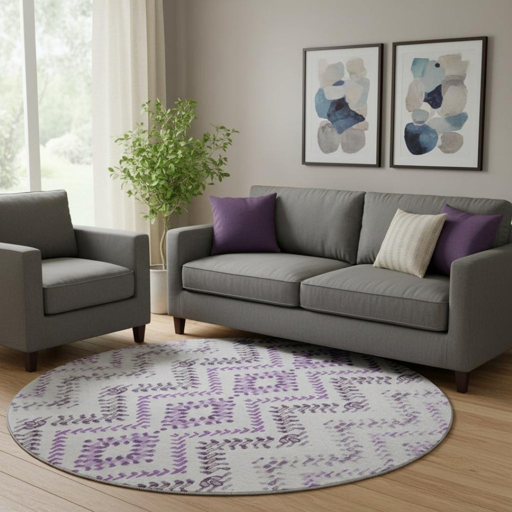 HomeRoots 8' Purple and Ivory Geometric Washable Round Rug – UV Protected, Stain Resistant, Modern Style for Any Space 656109