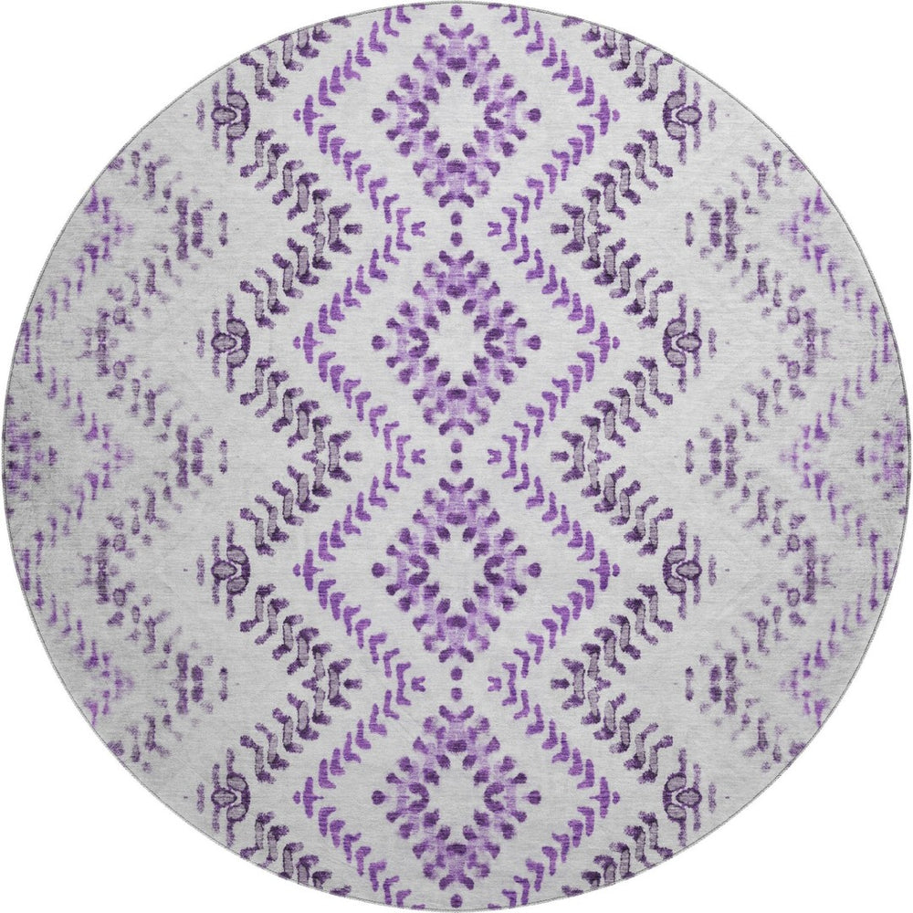 HomeRoots 8' Purple and Ivory Geometric Washable Round Rug – UV Protected, Stain Resistant, Modern Style for Any Space 656109