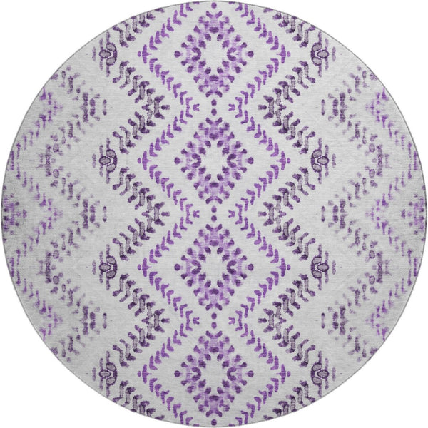 HomeRoots 8' Purple and Ivory Geometric Washable Round Rug – UV Protected, Stain Resistant, Modern Style for Any Space 656109