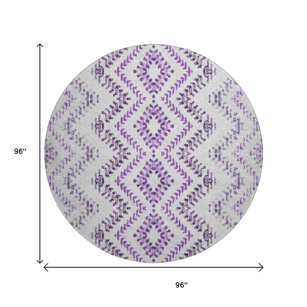 HomeRoots 8' Purple and Ivory Geometric Washable Round Rug – UV Protected, Stain Resistant, Modern Style for Any Space 656109