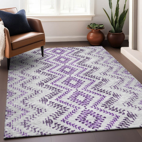 HomeRoots 9' X 12' Modern Purple & Ivory Geometric Area Rug - Durable, Washable with UV Protection & Stain Resistance 656111