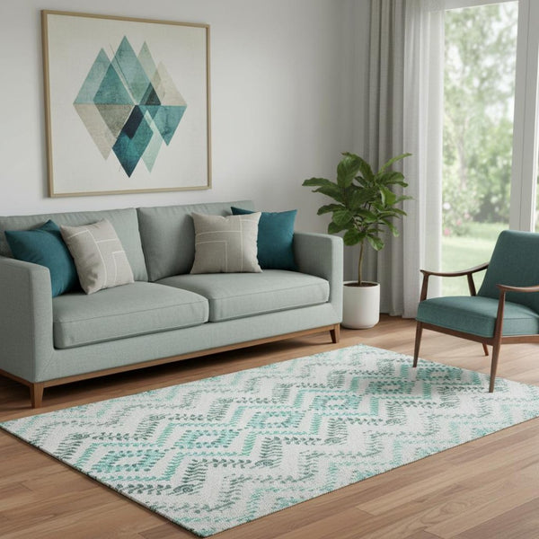 HomeRoots 5' X 8' Stylish Teal and Ivory Geometric Area Rug – Washable, UV-Protected, Stain-Resistant, Soft! 656114