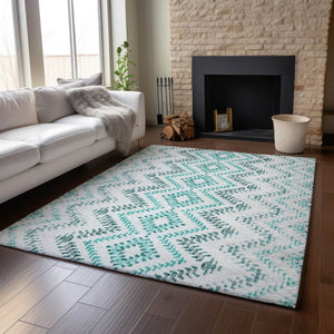 HomeRoots 5' X 8' Stylish Teal and Ivory Geometric Area Rug – Washable, UV-Protected, Stain-Resistant, Soft! 656114