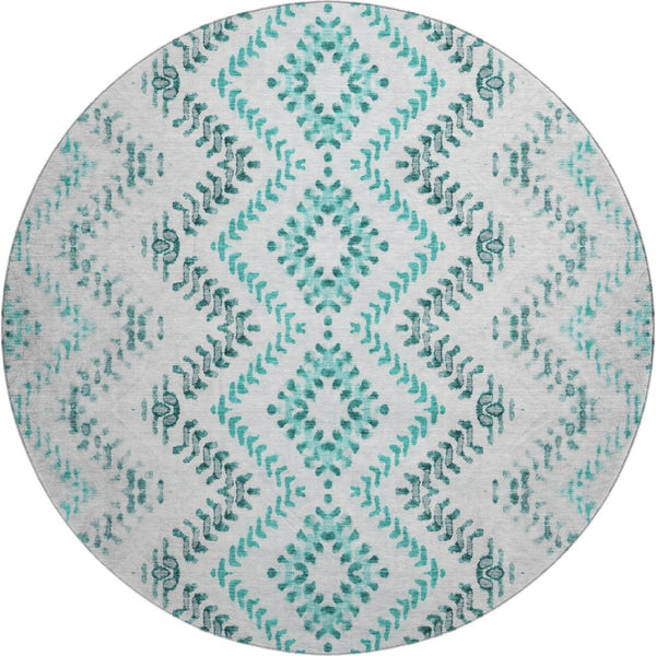 HomeRoots 8' Teal and Ivory Geometric Round Rug – Stylish, Washable, UV-Protected for Indoor & Outdoor Use 656115