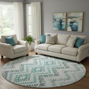 HomeRoots 8' Teal and Ivory Geometric Round Rug – Stylish, Washable, UV-Protected for Indoor & Outdoor Use 656115