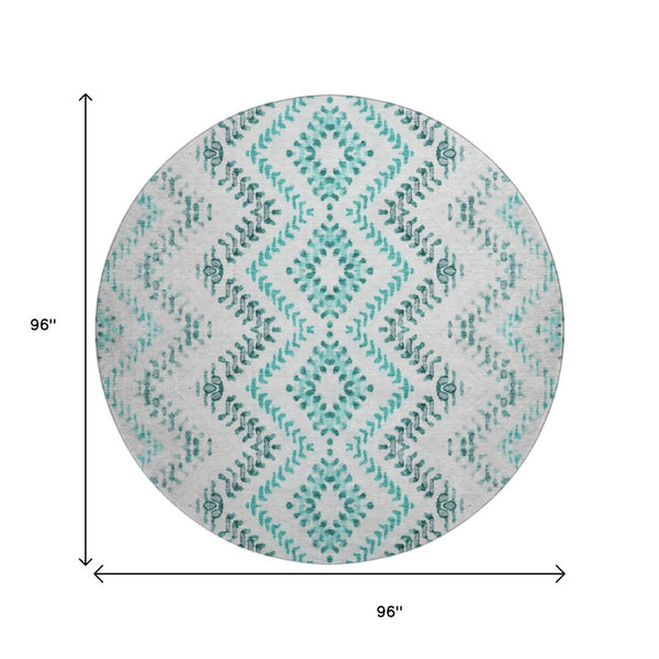 HomeRoots 8' Teal and Ivory Geometric Round Rug – Stylish, Washable, UV-Protected for Indoor & Outdoor Use 656115