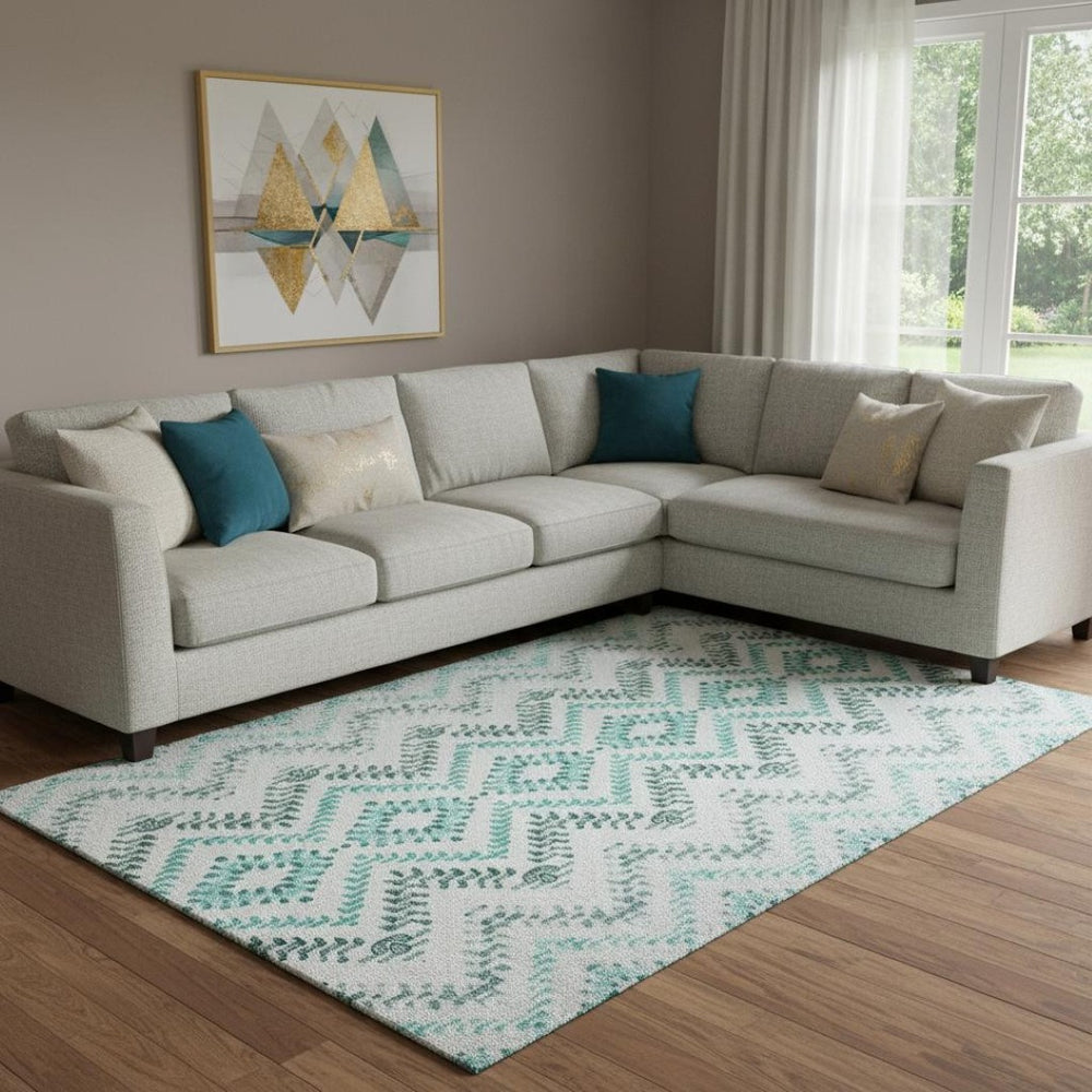 HomeRoots 8' X 10' Teal and Ivory Geometric Washable Area Rug - Durable, UV-Protected for Stylish Spaces! 656116