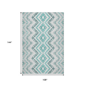 HomeRoots 9' X 12' Teal and Ivory Geometric Area Rug - Washable, UV Protected, Perfect for High-Traffic Spaces 656117