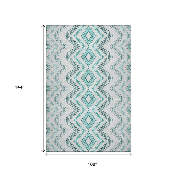 HomeRoots 9' X 12' Teal and Ivory Geometric Area Rug - Washable, UV Protected, Perfect for High-Traffic Spaces 656117