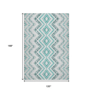 HomeRoots 10' X 14' Teal and Ivory Geometric Area Rug - Washable, UV Protected, Stain Resistant for Homes 656118