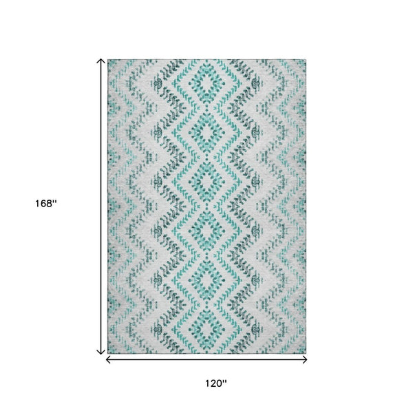 HomeRoots 10' X 14' Teal and Ivory Geometric Area Rug - Washable, UV Protected, Stain Resistant for Homes 656118
