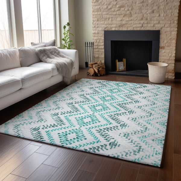 HomeRoots 10' X 14' Teal and Ivory Geometric Area Rug - Washable, UV Protected, Stain Resistant for Homes 656118