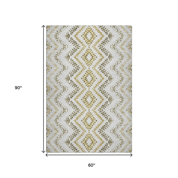 HomeRoots 5' X 8' Taupe Ivory Gold Geometric Area Rug - Washable, UV-Protected, Stylish & Durable for Homes 656120