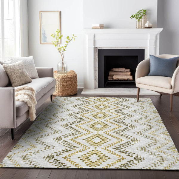 HomeRoots 5' X 8' Taupe Ivory Gold Geometric Area Rug - Washable, UV-Protected, Stylish & Durable for Homes 656120