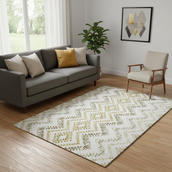 HomeRoots 5' X 8' Taupe Ivory Gold Geometric Area Rug - Washable, UV-Protected, Stylish & Durable for Homes 656120