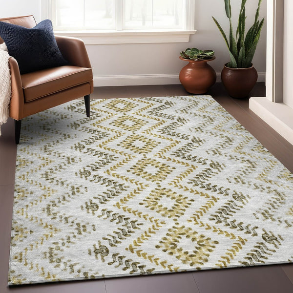 HomeRoots 5' X 8' Taupe Ivory Gold Geometric Area Rug - Washable, UV-Protected, Stylish & Durable for Homes 656120
