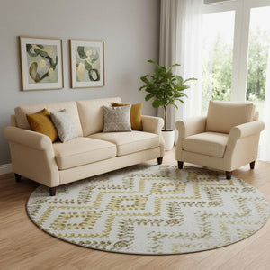 HomeRoots 8' Stylish Taupe Ivory Gold Geometric Washable Round Rug - UV Protected for High-Traffic Areas 656121