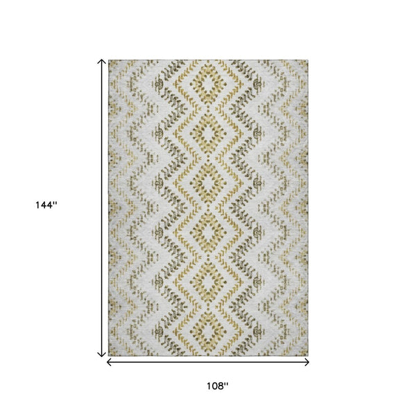 HomeRoots 9' X 12' Taupe Ivory Gold Geometric Area Rug - Washable, Stain Resistant, UV Protected for Durability 656123