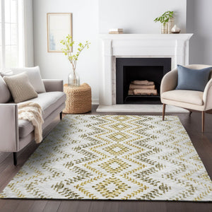 HomeRoots 9' X 12' Taupe Ivory Gold Geometric Area Rug - Washable, Stain Resistant, UV Protected for Durability 656123